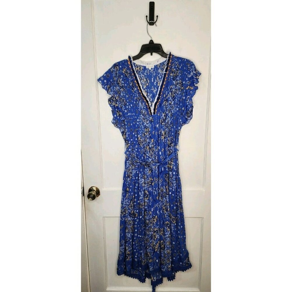 Poupette St Barth Blue Floral V-Neck Ruffled Midi Dress